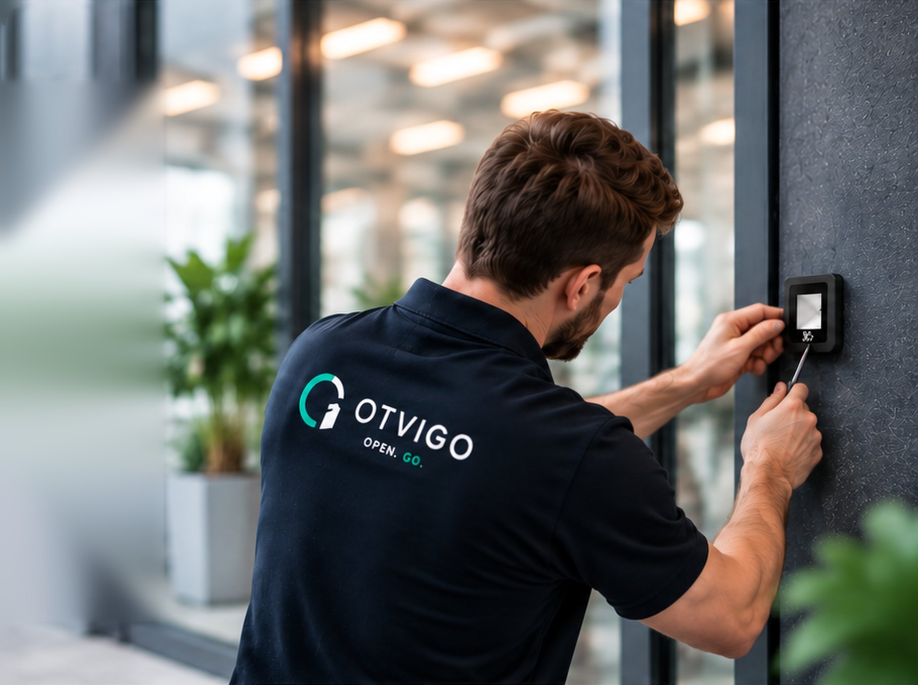 Technik OTVIGO montuje čítačku QR kódov na stenu pri dverách