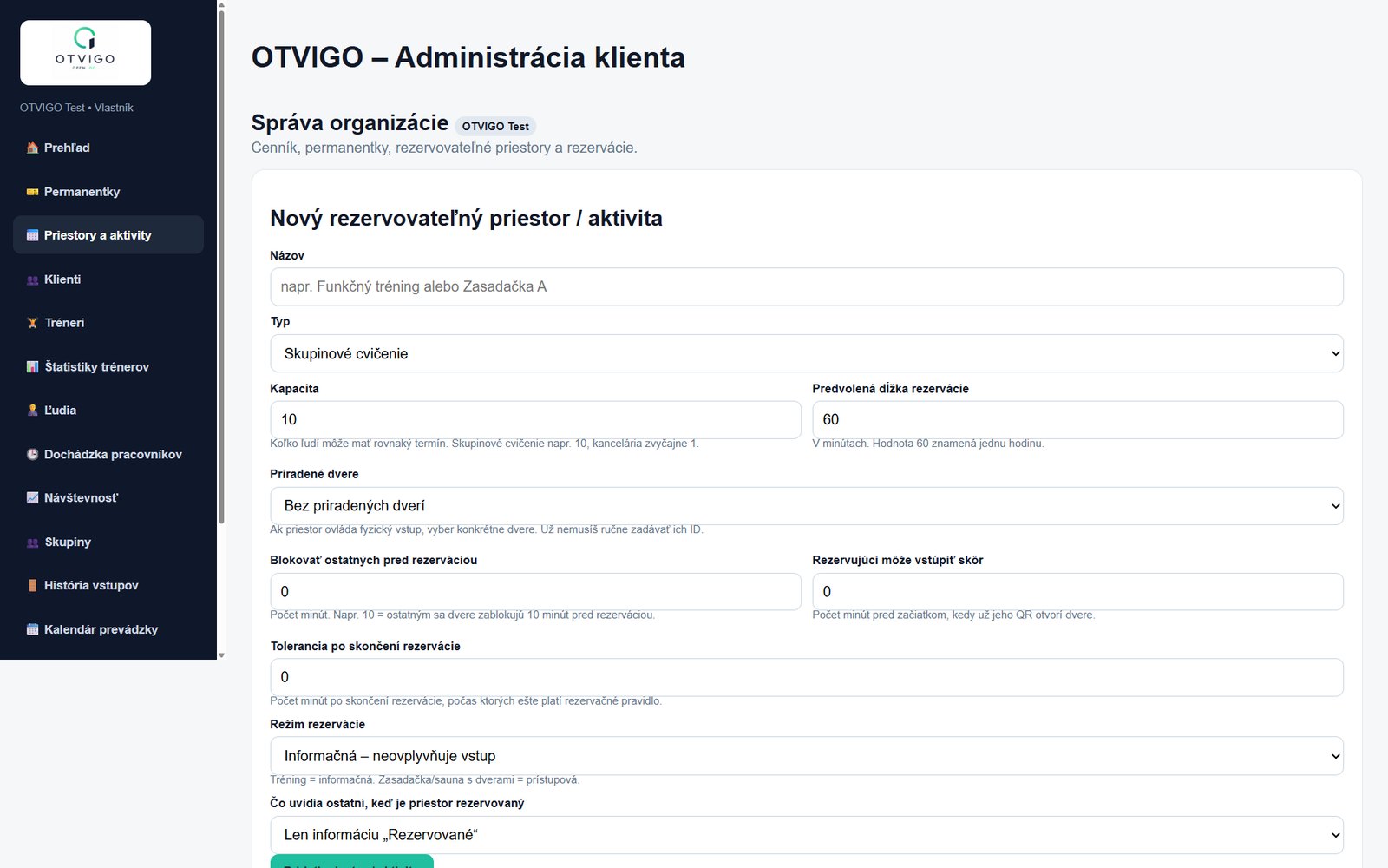 Administrácia OTVIGO – nastavenie rezervovateľného priestoru